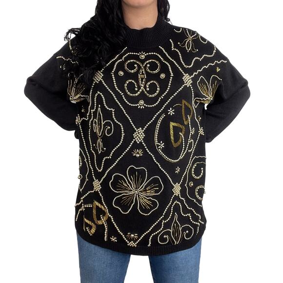 Victoria Jones 1980s Vintage Black & Gold Beaded Embroidered Sweater Large - Picture 3 of 10
